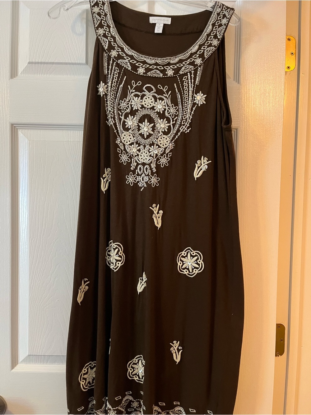 Charter Club Brown Maxi Dress with Cream Embroidery
